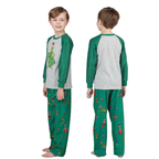Matching family Christmas pajamas with gray raglan top, green sleeves and green character print pants - view 11