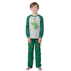Matching family Christmas pajamas with gray raglan top, green sleeves and green character print pants - view 13