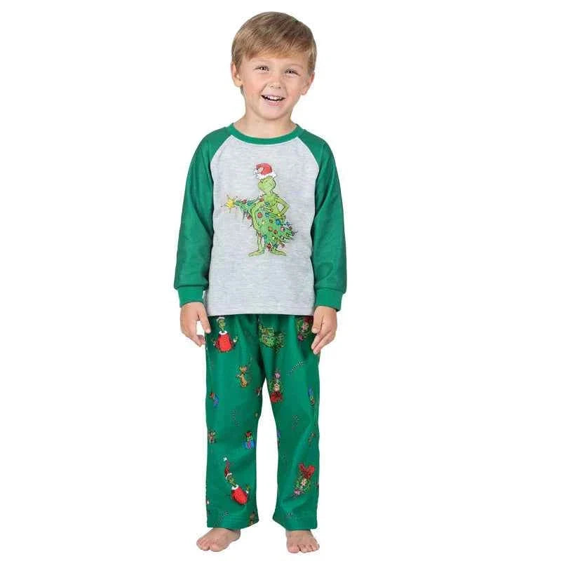 Matching family Christmas pajamas with gray raglan top, green sleeves and green character print pants - view 14