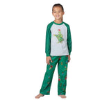 Matching family Christmas pajamas with gray raglan top, green sleeves and green character print pants - view 15