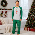 Matching family Christmas pajamas with gray raglan top, green sleeves and green character print pants - view 2