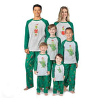 Matching family Christmas pajamas with gray raglan top, green sleeves and green character print pants - view 6