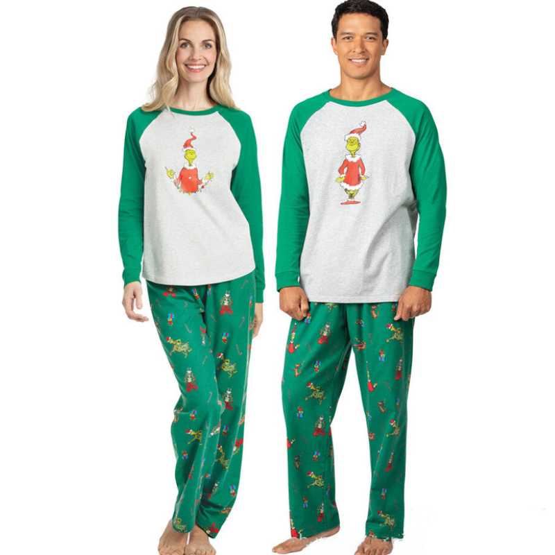 Matching family Christmas pajamas with gray raglan top, green sleeves and green character print pants - view 7