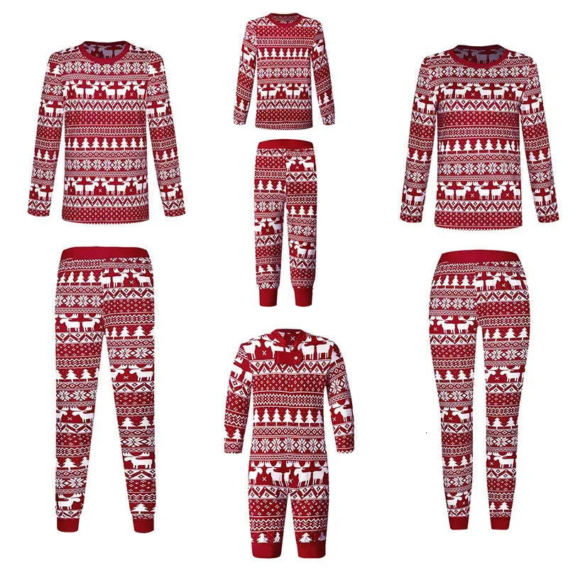 Family wearing matching red and white reindeer print Christmas pajamas by the tree - view 6