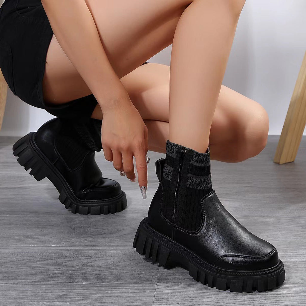 Women's chunky Chelsea boots with ribbed knit sock shaft and lug platform sole