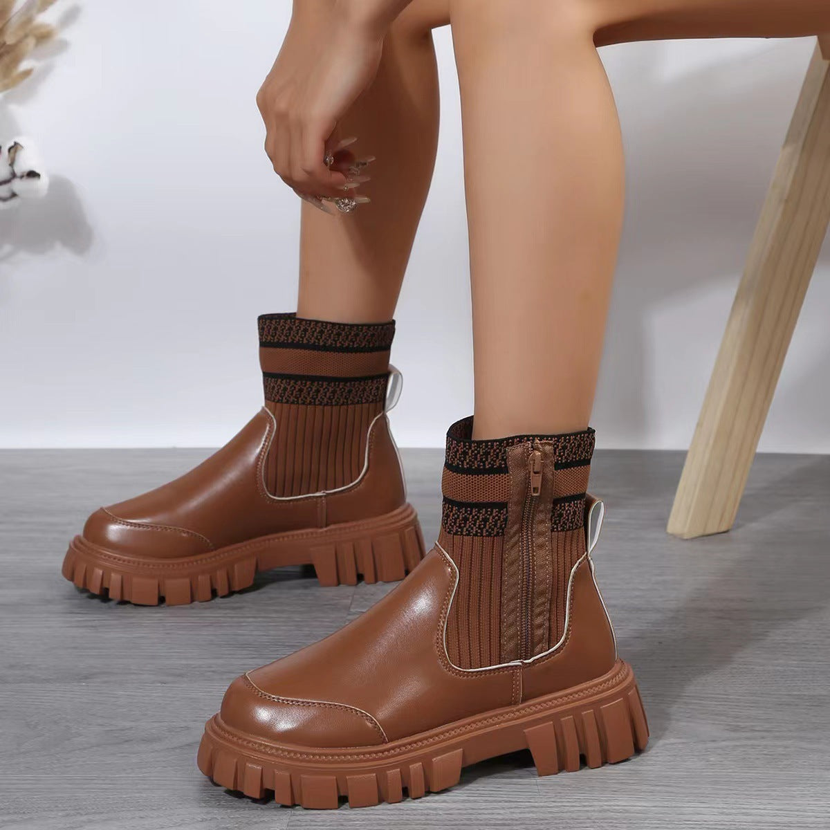 Women's chunky Chelsea boots with ribbed knit sock shaft and lug platform sole - view 3