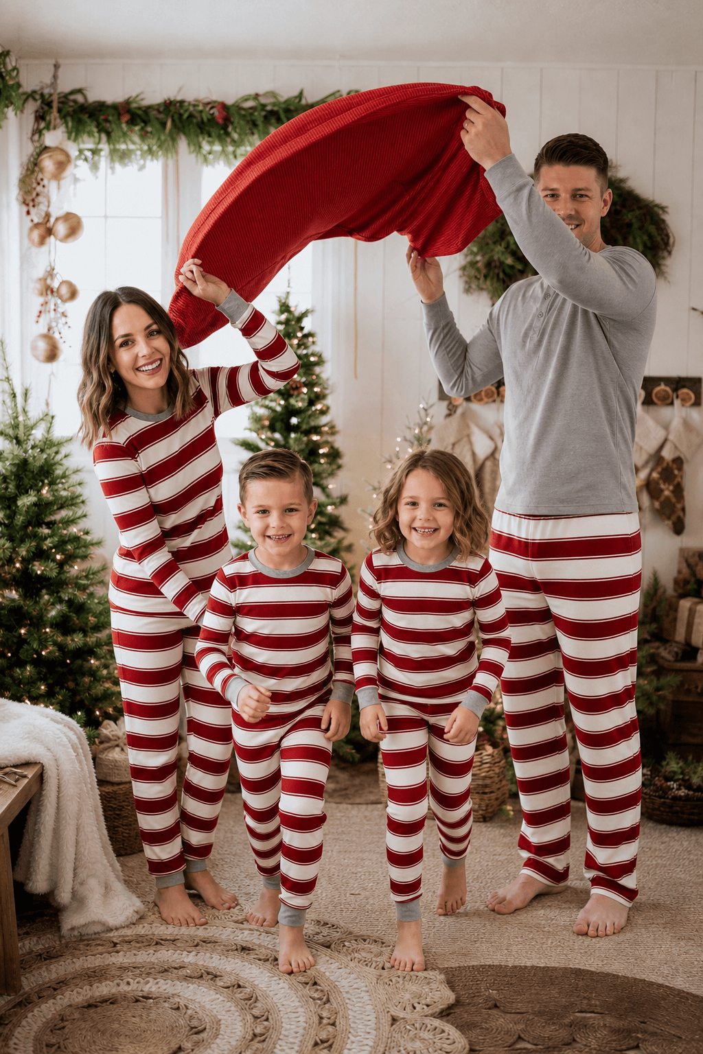 Family wearing matching red and white striped Christmas pajamas with gray trim