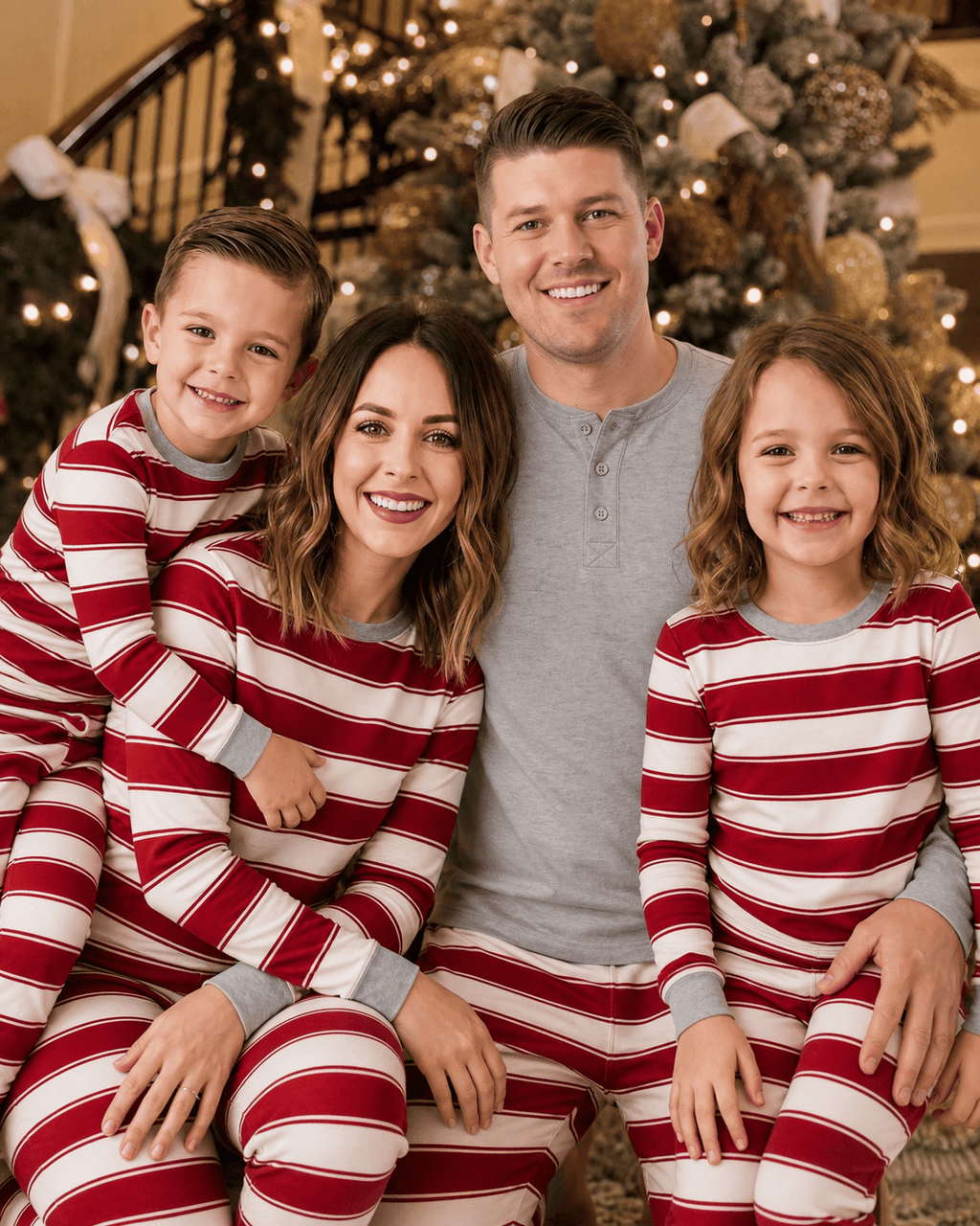 Family wearing matching red and white striped Christmas pajamas with gray trim - view 2