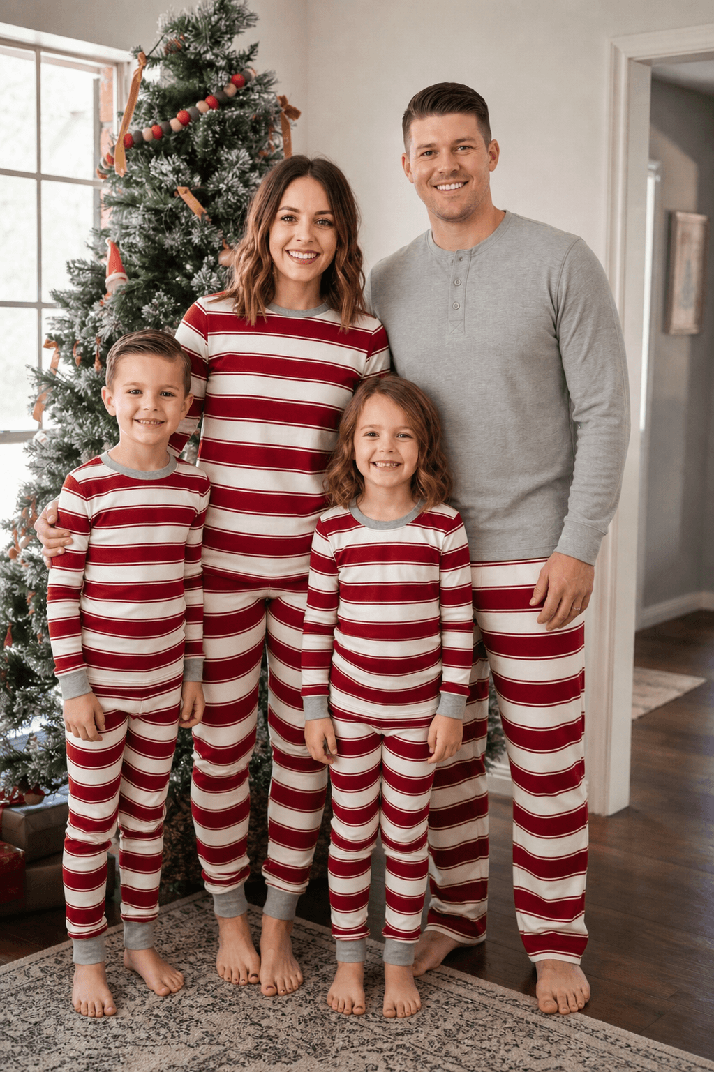 Family wearing matching red and white striped Christmas pajamas with gray trim - view 4