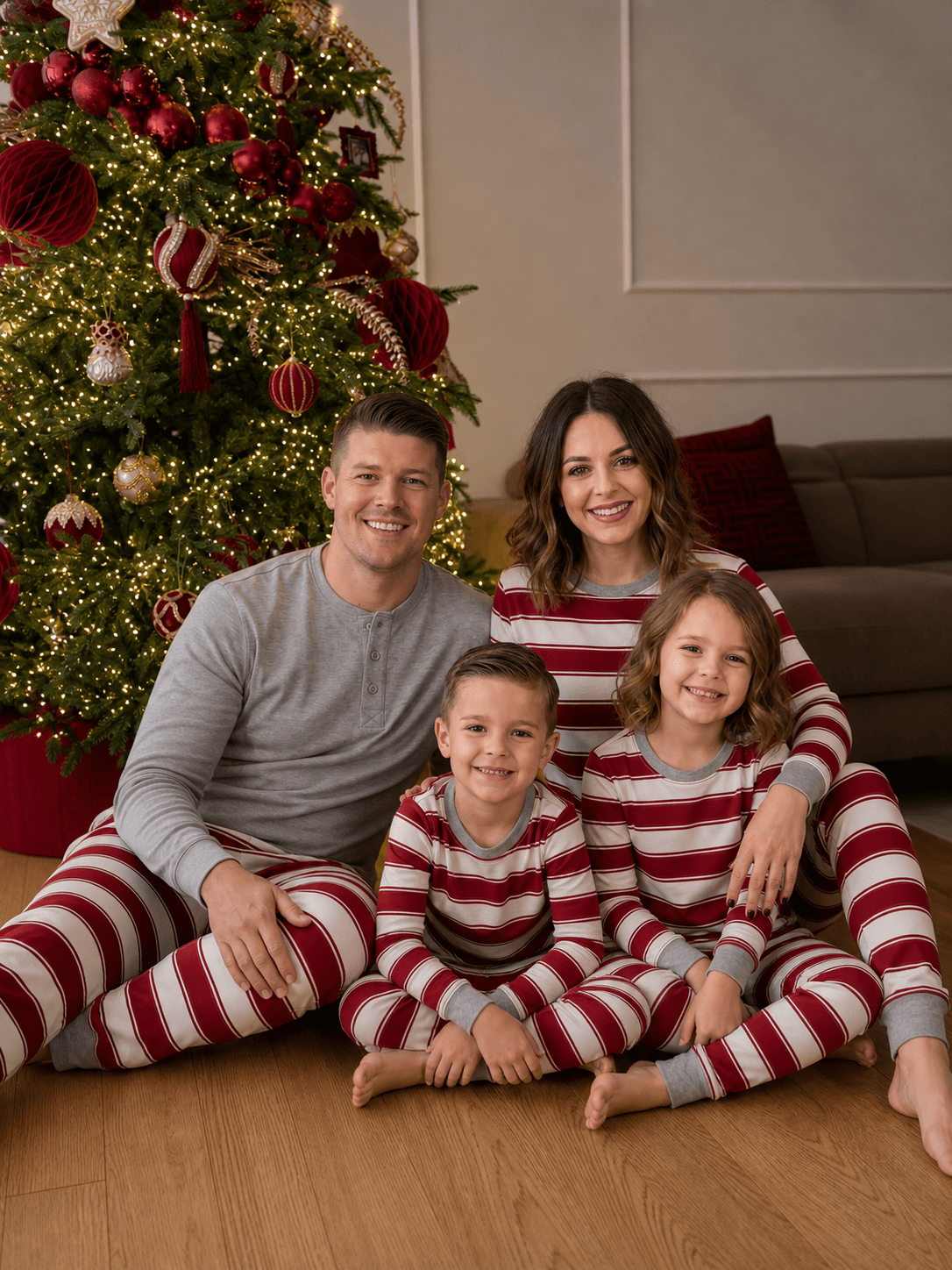Family wearing matching red and white striped Christmas pajamas with gray trim - view 5