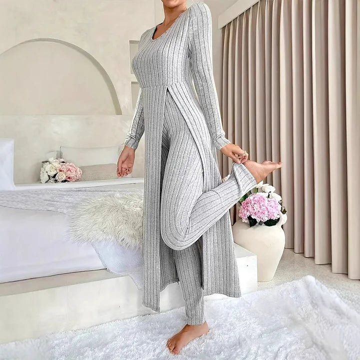 Ribbed knit long sleeve maxi dress with front slit and matching leggings set