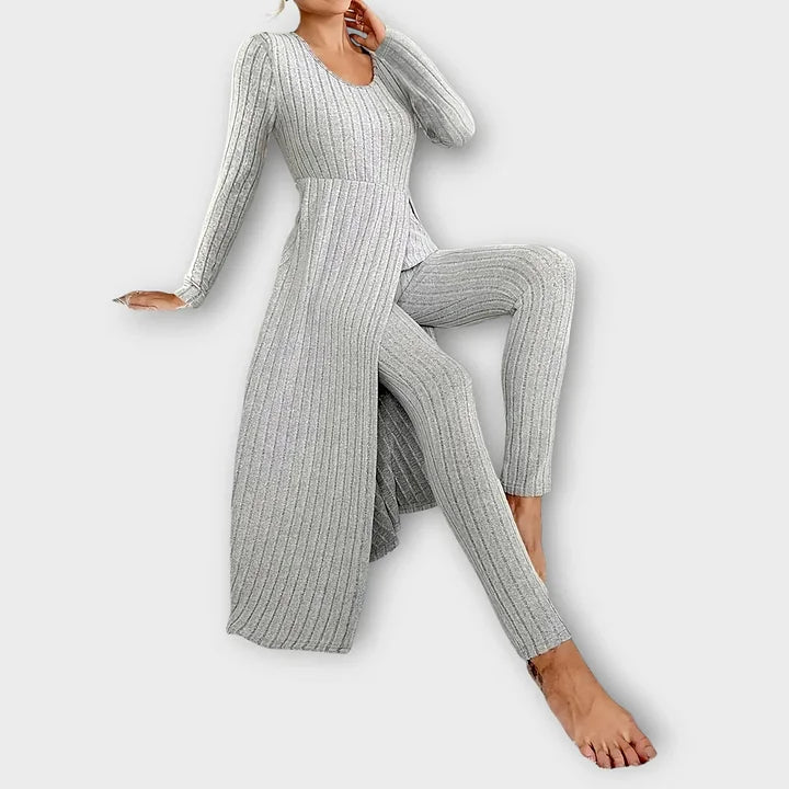 Ribbed knit long sleeve maxi dress with front slit and matching leggings set - view 13