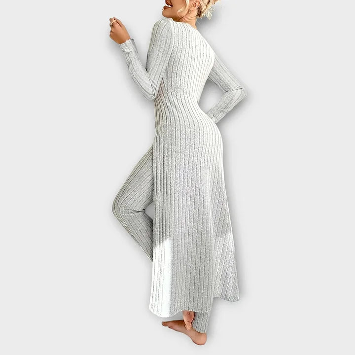 Ribbed knit long sleeve maxi dress with front slit and matching leggings set - view 15