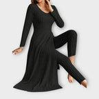Ribbed knit long sleeve maxi dress with front slit and matching leggings set - view 16
