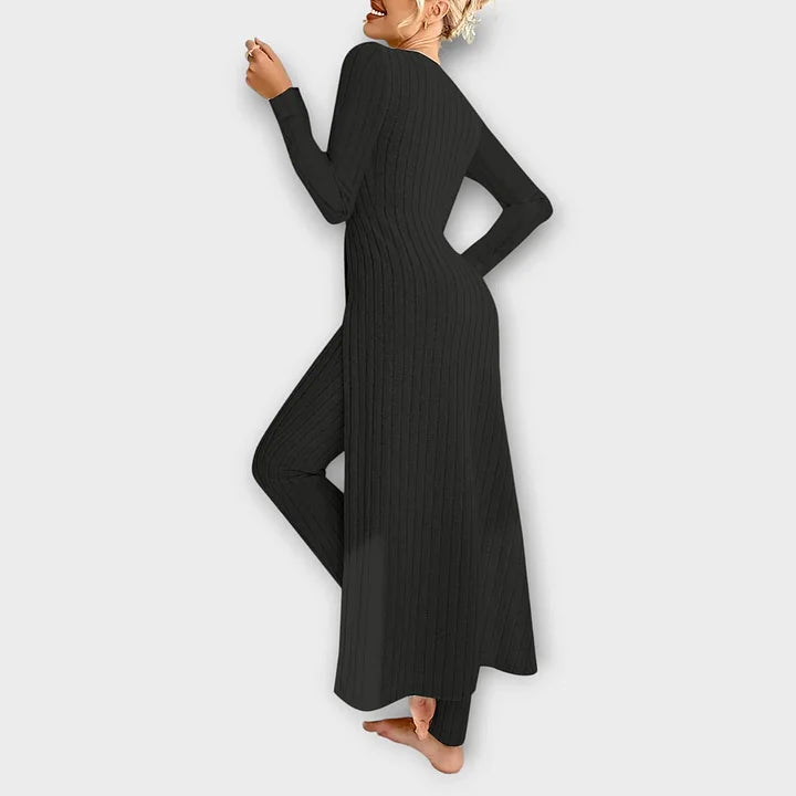 Ribbed knit long sleeve maxi dress with front slit and matching leggings set - view 17