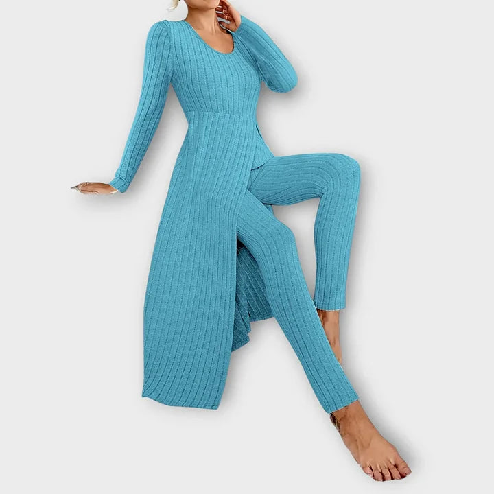 Ribbed knit long sleeve maxi dress with front slit and matching leggings set - view 19
