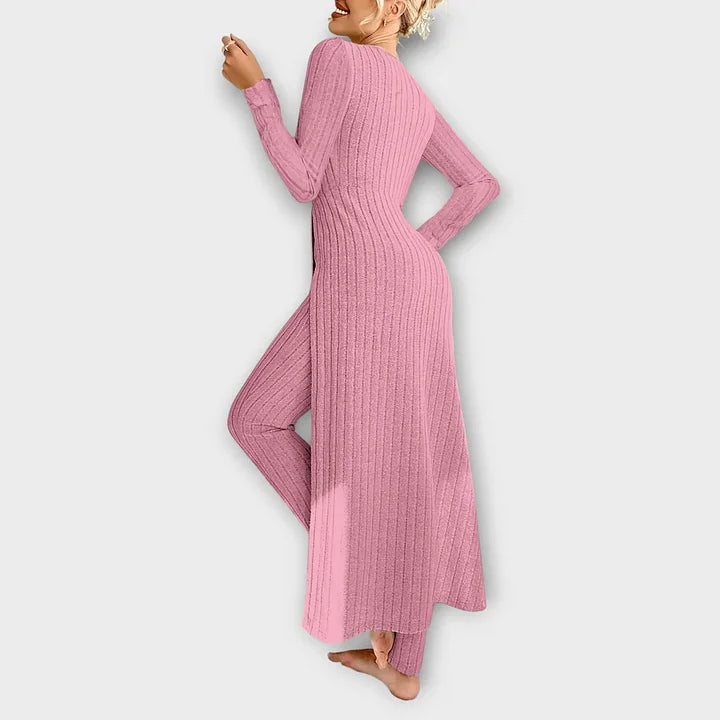 Ribbed knit long sleeve maxi dress with front slit and matching leggings set - view 21