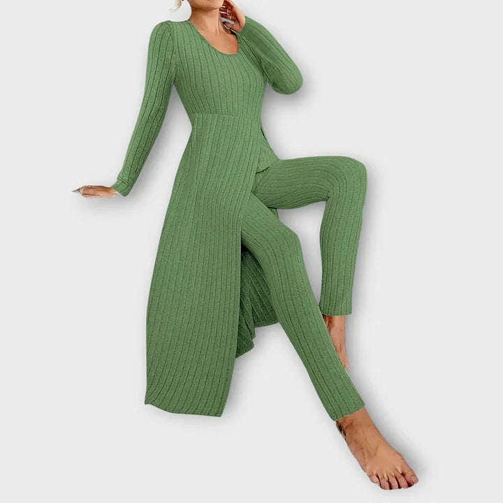 Ribbed knit long sleeve maxi dress with front slit and matching leggings set - view 22