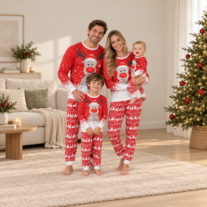 Family wearing matching red reindeer Christmas pajamas with Fair Isle-style pants - view 2