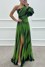 Woman wearing a striped one-shoulder maxi dress with balloon sleeve, ruched waist and high slit - view 7
