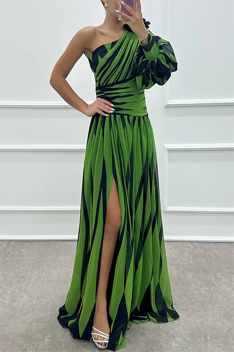Woman wearing a striped one-shoulder maxi dress with balloon sleeve, ruched waist and high slit - view 7