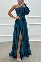 Woman wearing a striped one-shoulder maxi dress with balloon sleeve, ruched waist and high slit - view 9