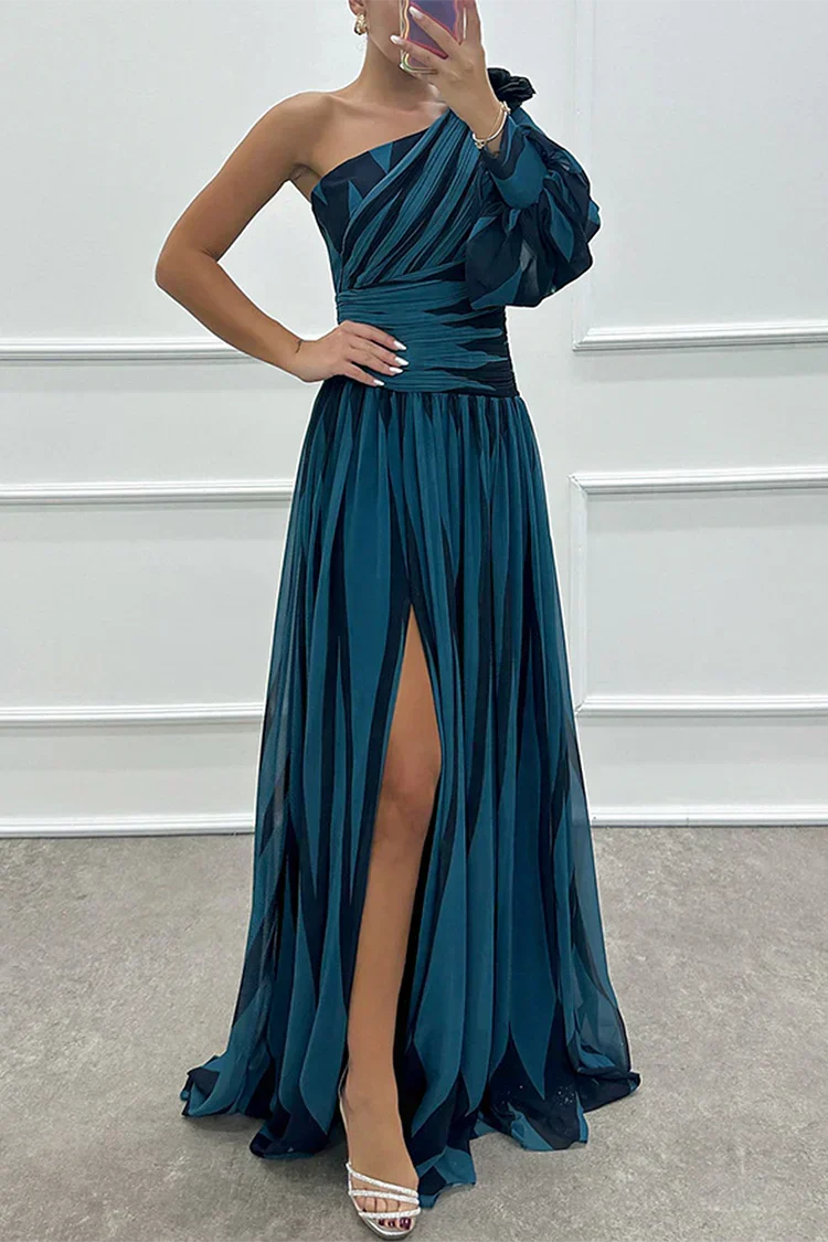 Woman wearing a striped one-shoulder maxi dress with balloon sleeve, ruched waist and high slit - view 9