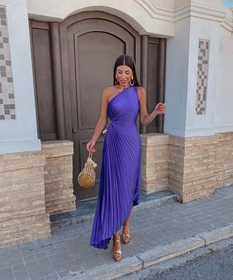 Purple one-shoulder pleated midi dress with waist cutout and asymmetric hem