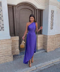 Purple one-shoulder pleated midi dress with waist cutout and asymmetric hem