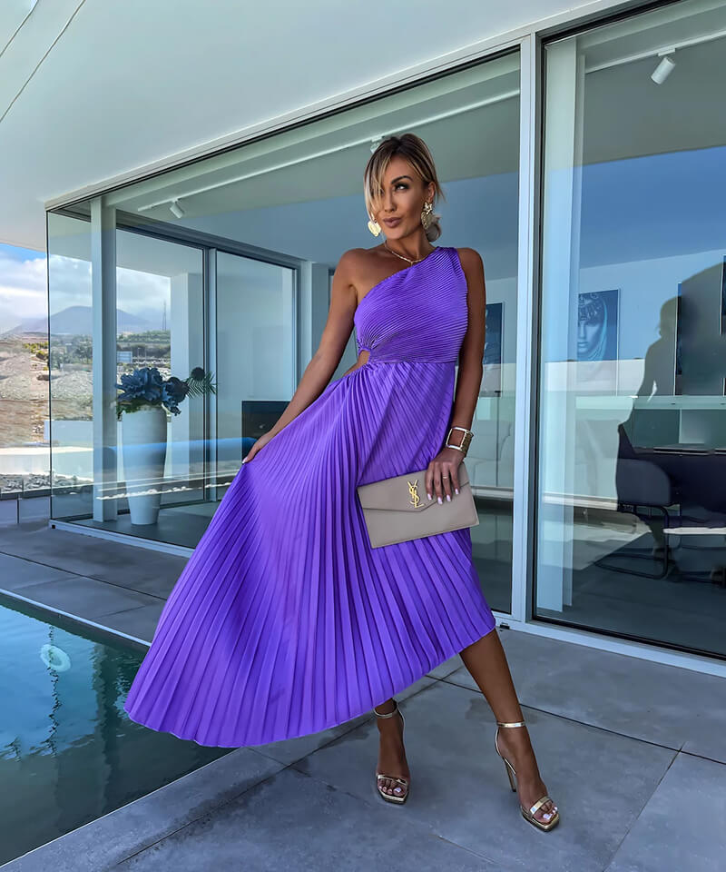 Purple one-shoulder pleated midi dress with waist cutout and asymmetric hem - view 2