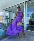 Purple one-shoulder pleated midi dress with waist cutout and asymmetric hem - view 2