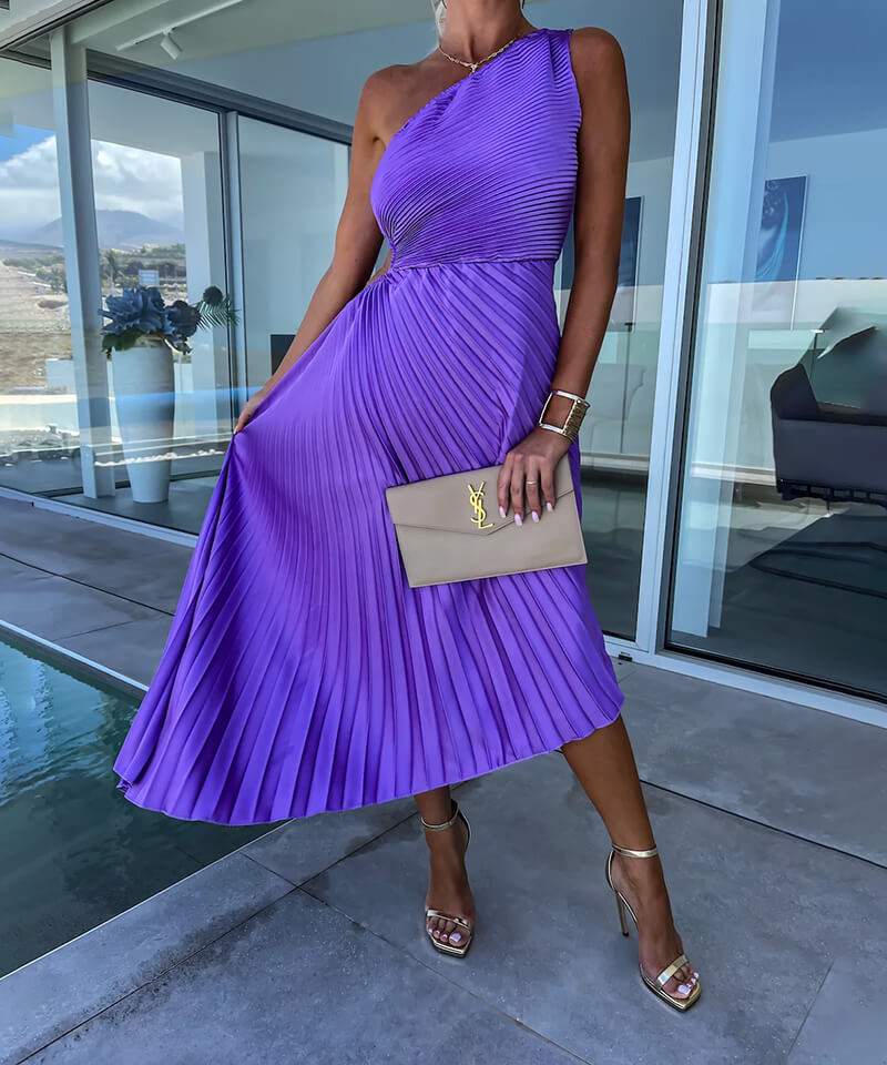 Purple one-shoulder pleated midi dress with waist cutout and asymmetric hem - view 3
