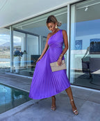 Purple one-shoulder pleated midi dress with waist cutout and asymmetric hem - view 4