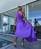Purple one-shoulder pleated midi dress with waist cutout and asymmetric hem - view 5
