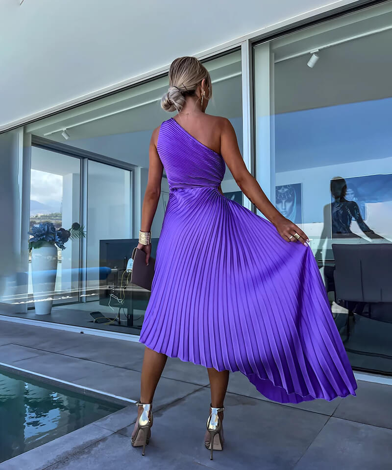 Purple one-shoulder pleated midi dress with waist cutout and asymmetric hem - view 5