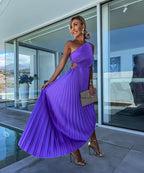 Purple one-shoulder pleated midi dress with waist cutout and asymmetric hem - view 6