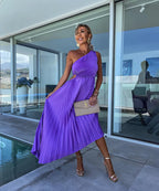 Purple one-shoulder pleated midi dress with waist cutout and asymmetric hem - view 7