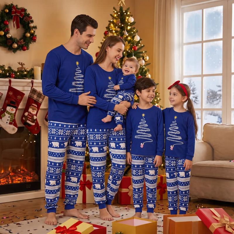 Family matching Christmas pajamas, royal blue tree graphic top with polar bear print pants