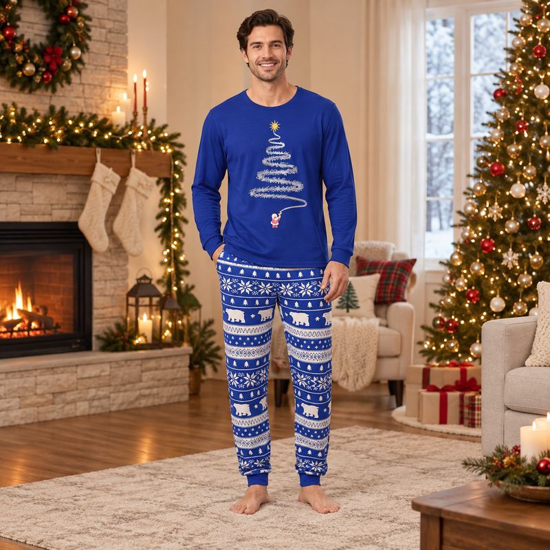 Family matching Christmas pajamas, royal blue tree graphic top with polar bear print pants - view 2