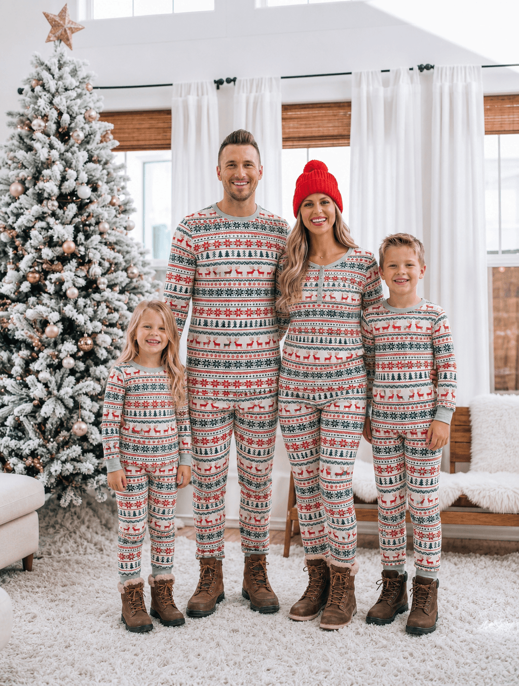 Matching family Christmas pajamas in red, green and cream Fair Isle reindeer print - view 2