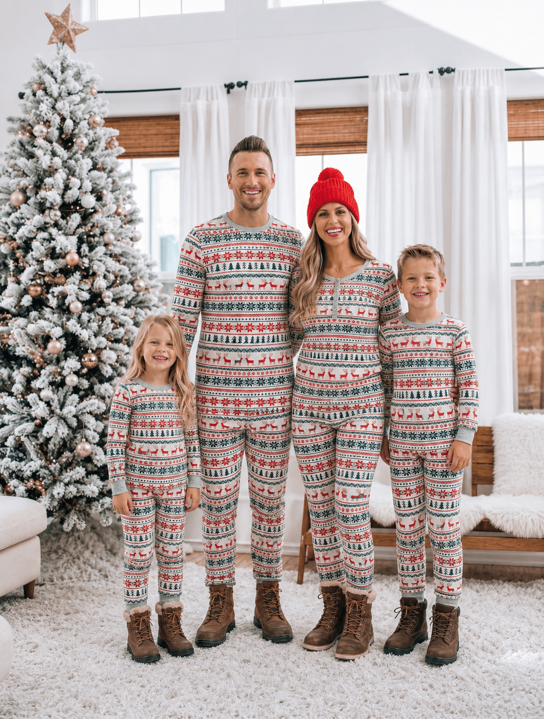 Matching family Christmas pajamas in red, green and cream Fair Isle reindeer print - view 2