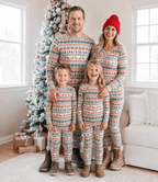 Matching family Christmas pajamas in red, green and cream Fair Isle reindeer print - view 3