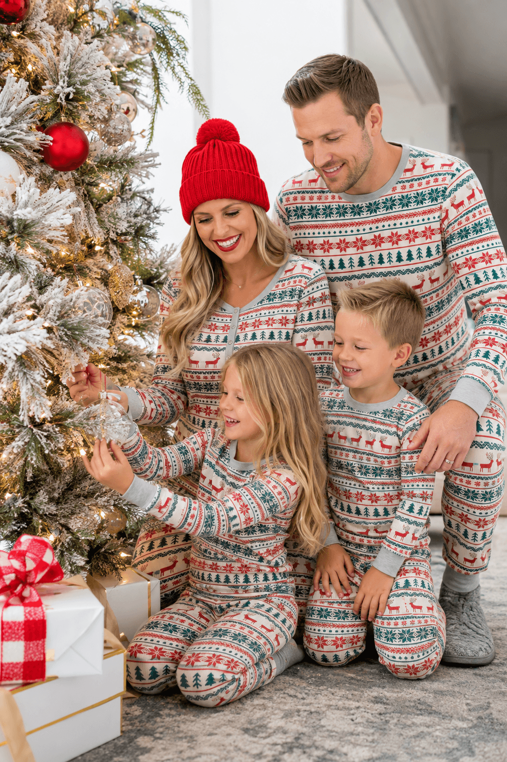 Matching family Christmas pajamas in red, green and cream Fair Isle reindeer print - view 4