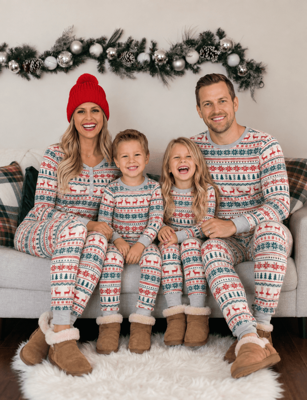Matching family Christmas pajamas in red, green and cream Fair Isle reindeer print - view 5