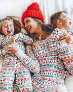 Matching family Christmas pajamas in red, green and cream Fair Isle reindeer print - view 6
