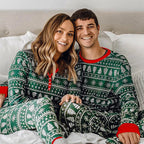 Green and white holiday print matching Christmas pajama sets for couples with red trim