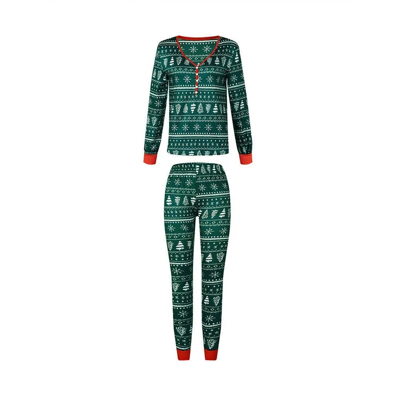 Green and white holiday print matching Christmas pajama sets for couples with red trim - view 2