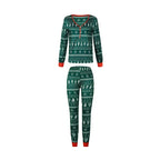 Green and white holiday print matching Christmas pajama sets for couples with red trim - view 2