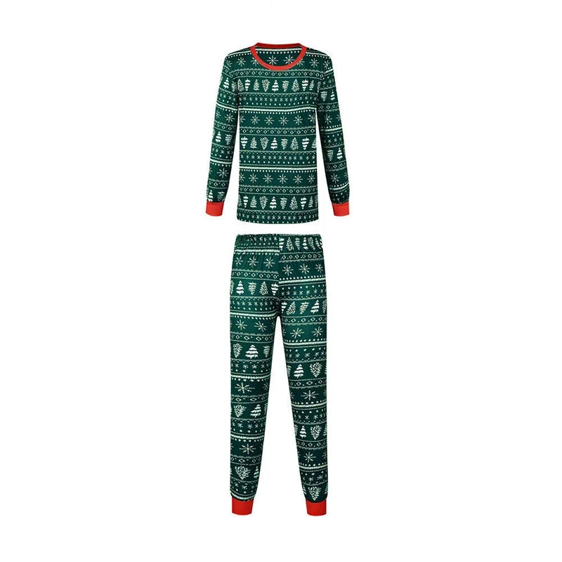 Green and white holiday print matching Christmas pajama sets for couples with red trim - view 3