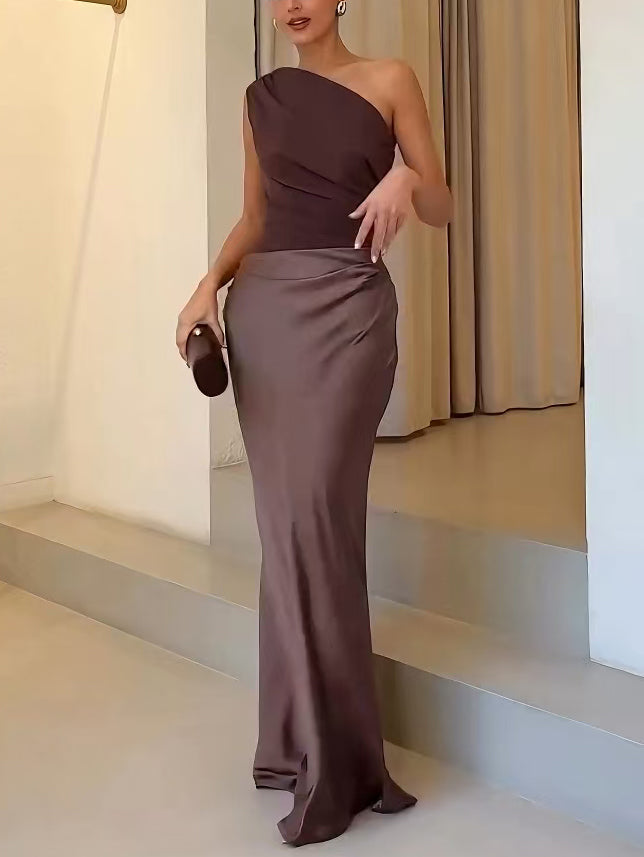 Woman wearing a one-shoulder ruched satin formal maxi dress - view 6